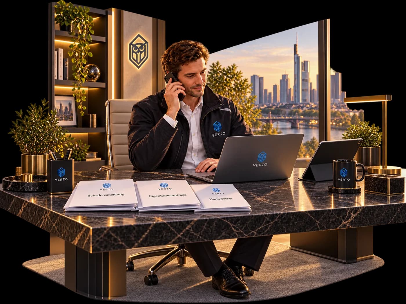Property Manager am Schreibtisch am Telefon, Laptop und Vorgangsmappen