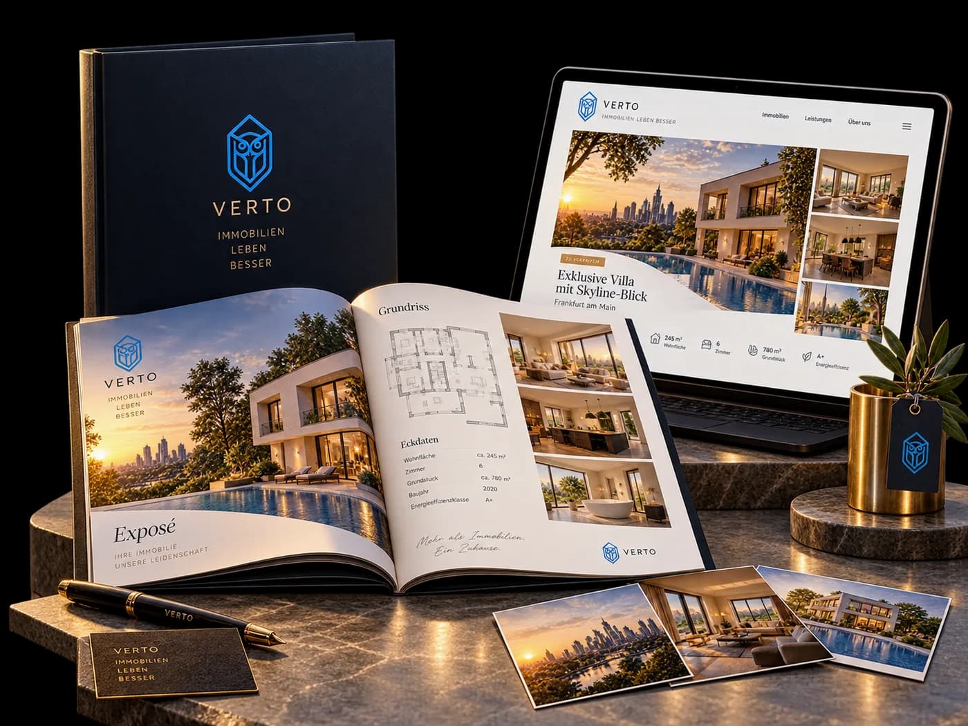 Exposé folder, brochure and laptop with a property listing
