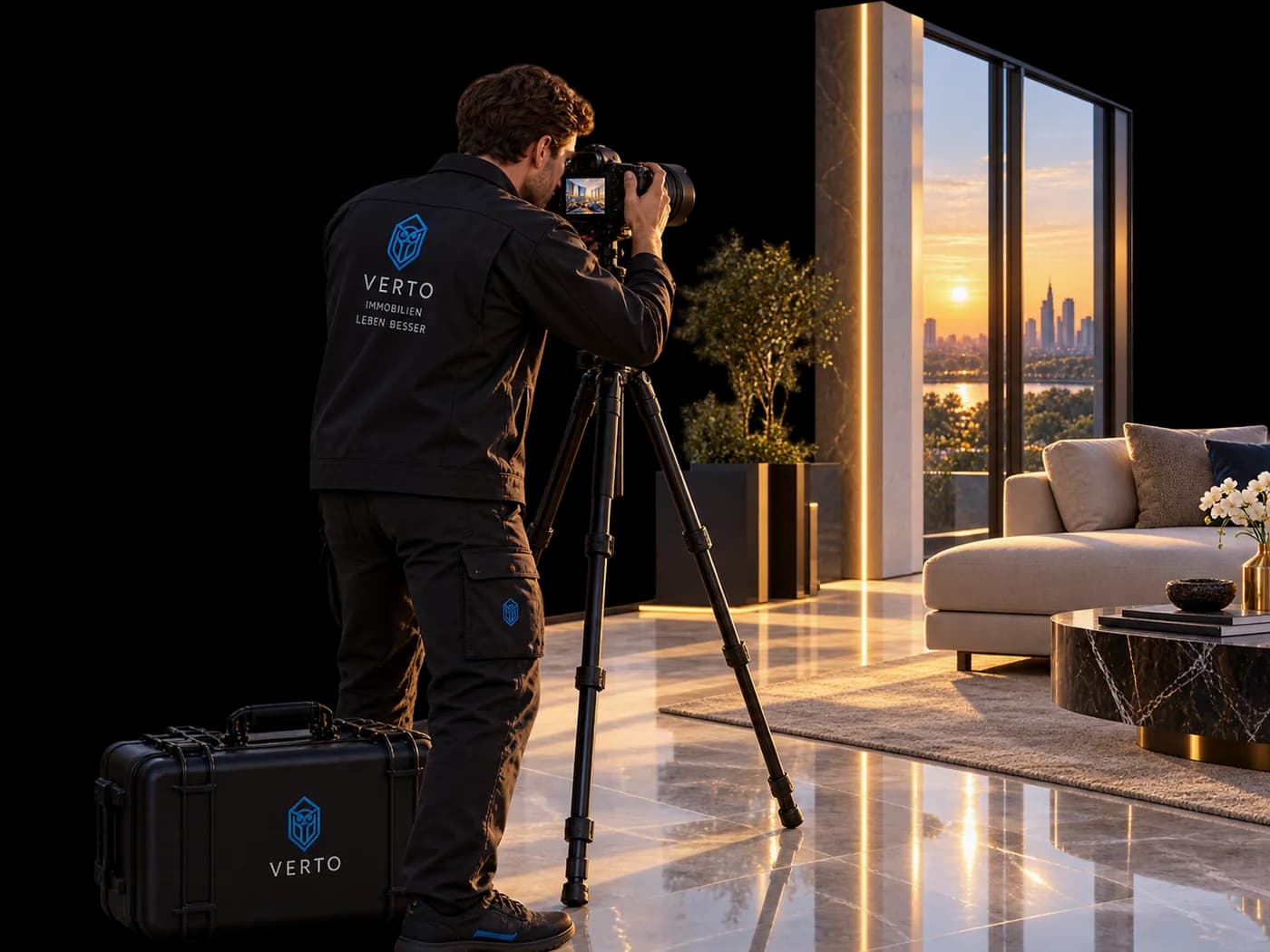 Photographer with a tripod photographing a penthouse
