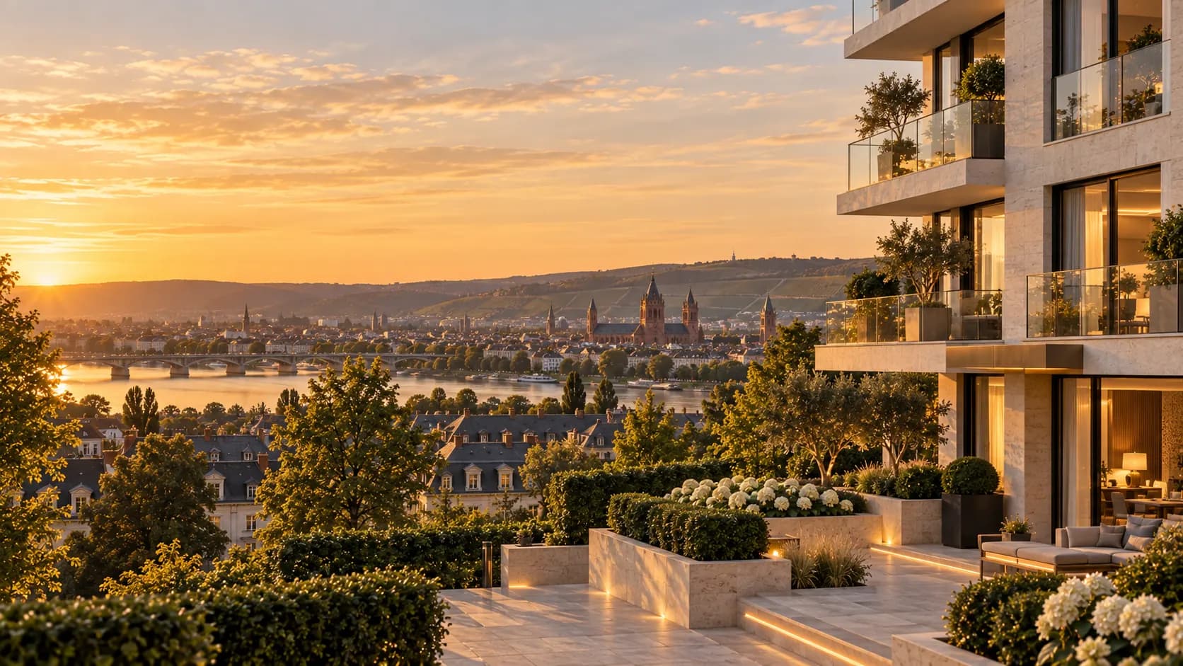 Illustration: Terrasse mit Blick über den Rhein auf Dom und Weinberge im Abendlicht