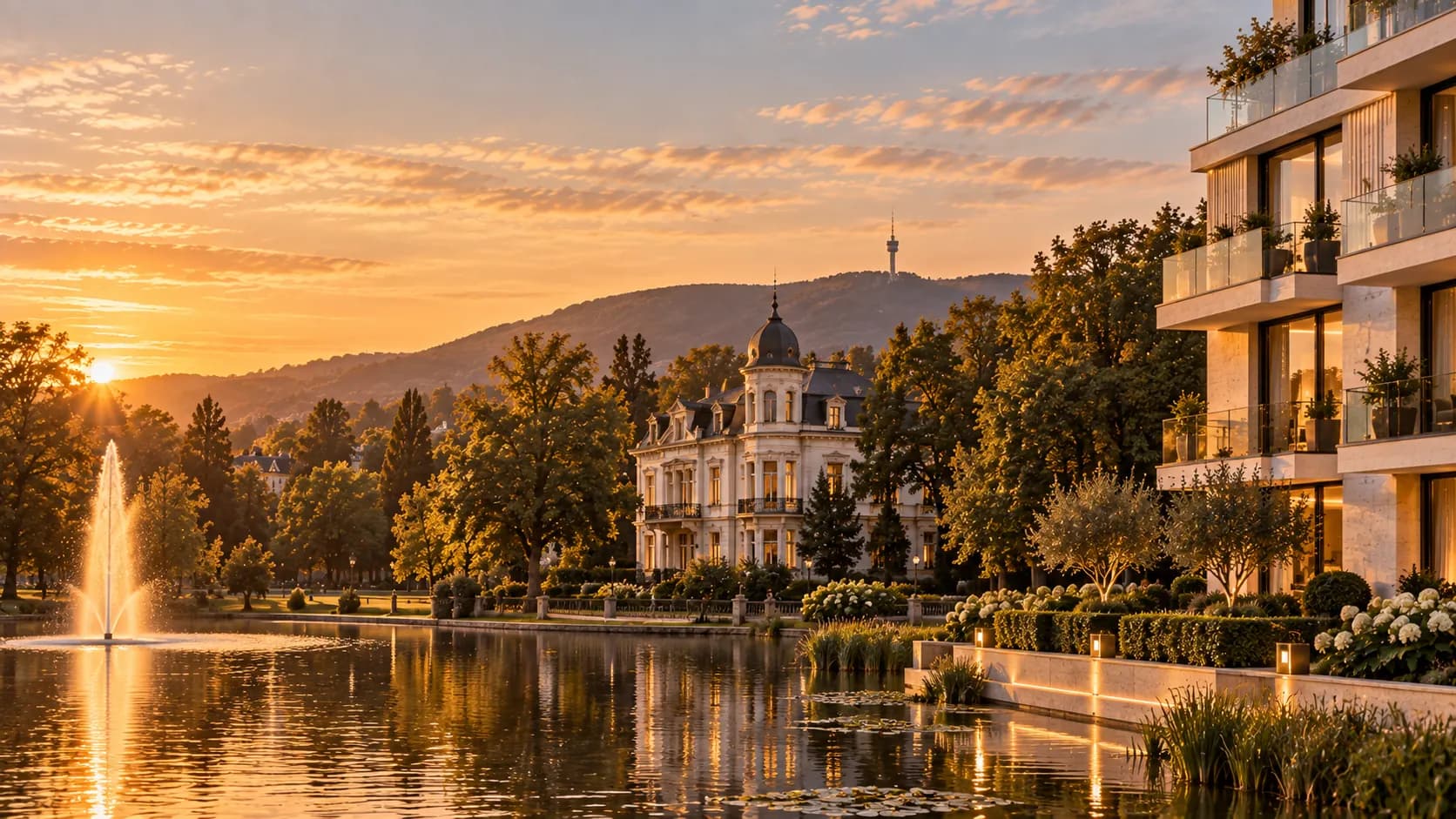 Illustration: Wohnhaus am Kurpark mit See und Villa, im Hintergrund der Taunus
