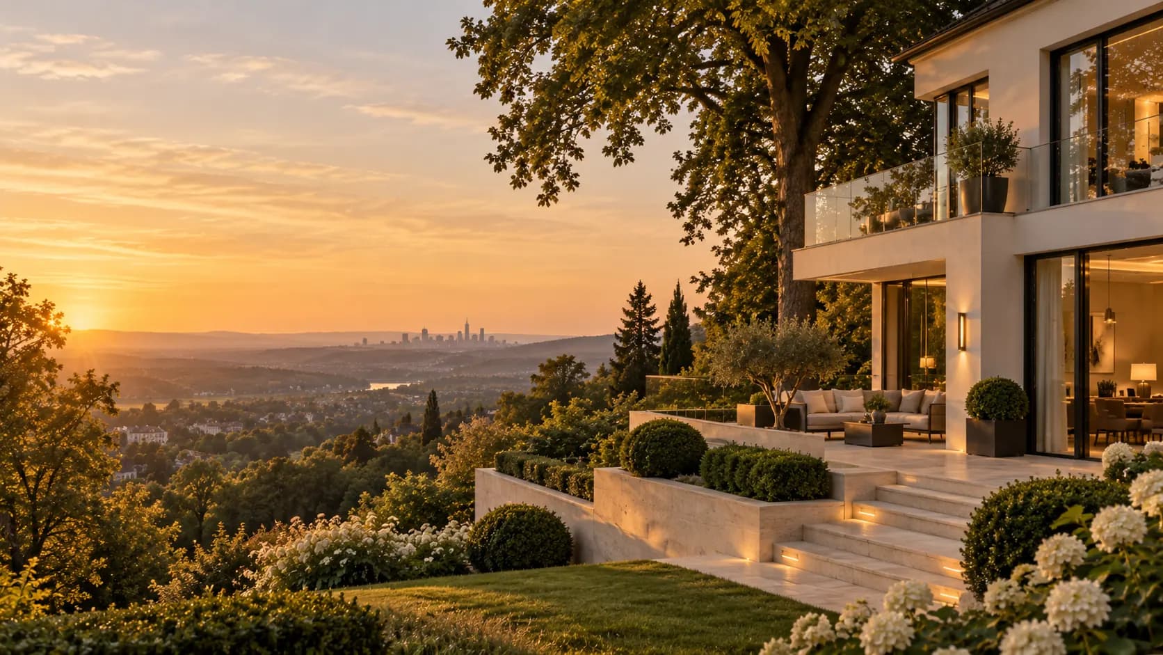 Illustration: Villa am Hang mit Blick über die Ebene im Abendlicht