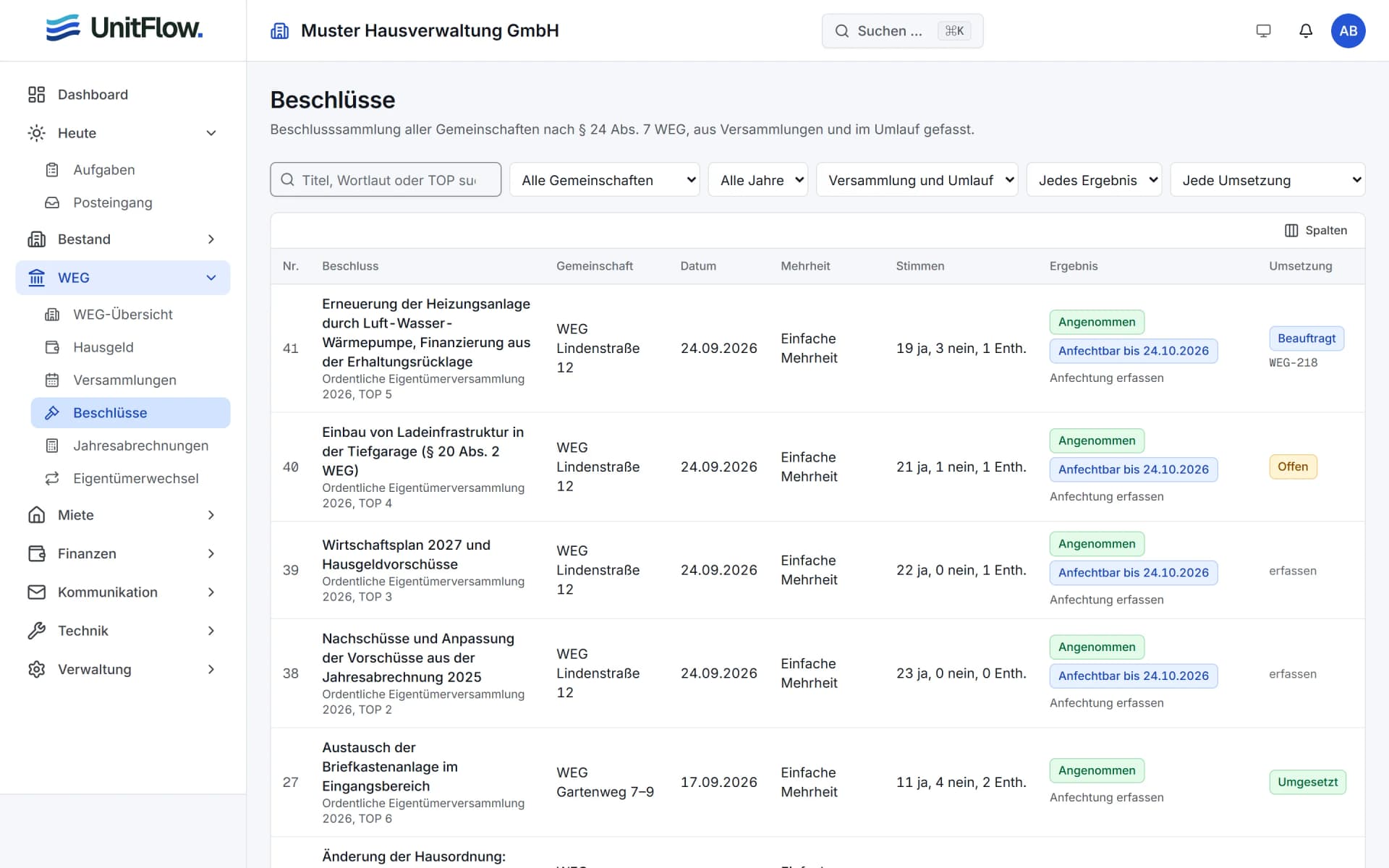 UnitFlow: Beschluss-Sammlung nach § 24 Abs. 7 WEG mit Anfechtungsfristen und Umsetzungsstatus