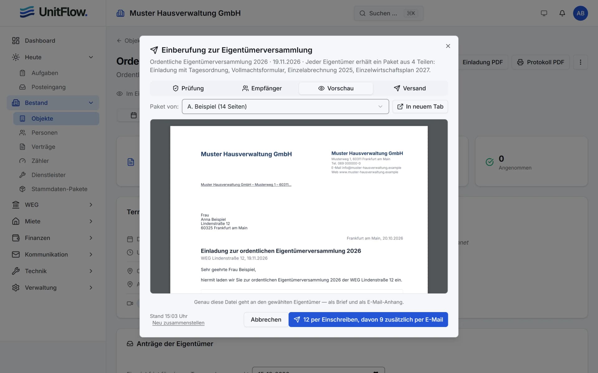 UnitFlow: Einberufung zur Eigentümerversammlung mit Vorschau des Einladungsschreibens